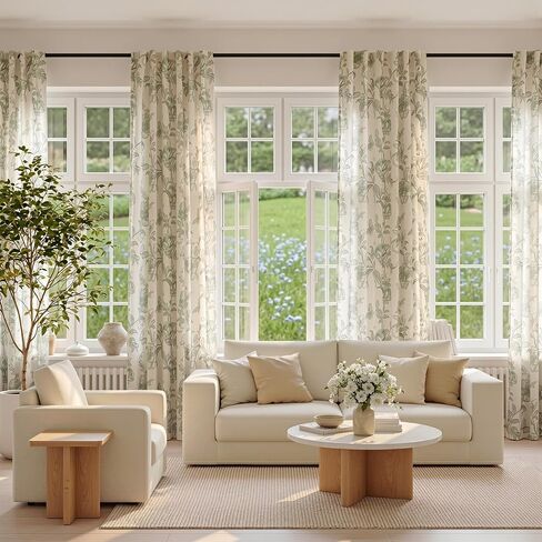 MEETSKY Green Floral Linen Curtains Farmhouse Vintage Patterned for Bedroom Living Room Semi Sheer Light Filtering Sage Flower Printed Cottage Core Drapes 84 Inches Long Back Tab, 2 Panels, 50" Wide in Saudi Arabia