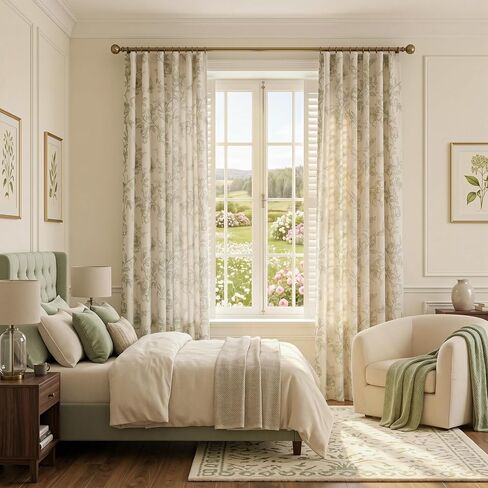 MEETSKY Green Floral Linen Curtains Farmhouse Vintage Patterned for Bedroom Living Room Semi Sheer Light Filtering Sage Flower Printed Cottage Core Drapes 84 Inches Long Back Tab, 2 Panels, 50" Wide in Saudi Arabia