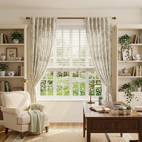 MEETSKY Green Floral Linen Curtains Farmhouse Vintage Patterned for Bedroom Living Room Semi Sheer Light Filtering Sage Flower Printed Cottage Core Drapes 84 Inches Long Back Tab, 2 Panels, 50" Wide in Saudi Arabia