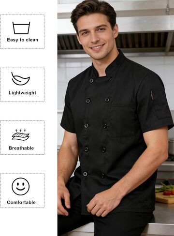 Unisex Chef Coat Lightweight Chef Jacket Black Short Sleeve Shirt Chef Uniform Costume for Kitchen Restaurant in Saudi Arabia