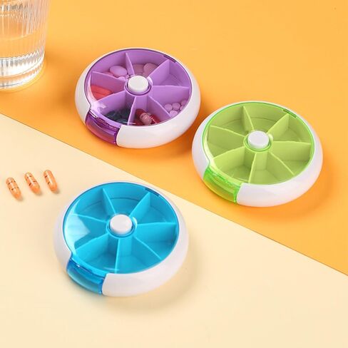 Pill Cases Weekly INVODA Pill Organizer 7 Day 3 Times Medicine Pill Dispenser Push Button Rotate Pill Planner with 7 Compartments in Kuwait