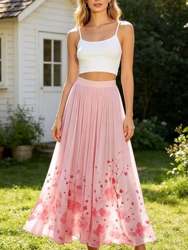 Women's High Waisted Pleated Maxi Skirt Elegant Floral Print Flowy A-Line Long Skirt for Spring Summer Vacation in Kuwait