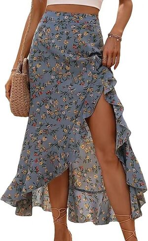 Summer Boho Flowy Skirts for Women Trendy Floral Print Asymmetrical Ruffle Wrap Skirt Split Hem Beach Bottoms in Saudi Arabia