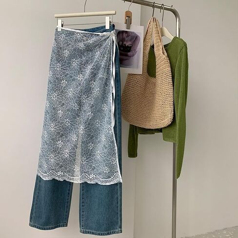 Women Korean Style Tie Up See Through Mesh Layering Apron Skirt Hollow Flower Lace Sheer Covering Overskirt Hip Scarf in Saudi Arabia