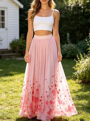 Women's High Waisted Pleated Maxi Skirt Elegant Floral Print Flowy A-Line Long Skirt for Spring Summer Vacation in Kuwait