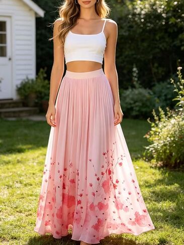 Women's High Waisted Pleated Maxi Skirt Elegant Floral Print Flowy A-Line Long Skirt for Spring Summer Vacation in Kuwait