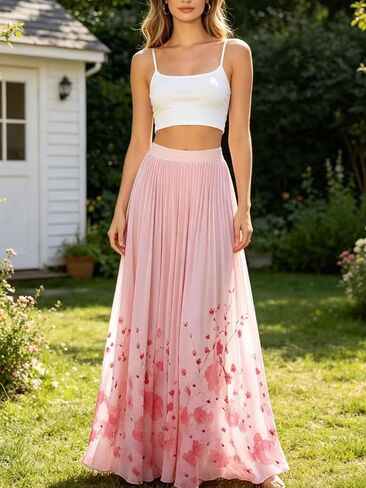 Women's High Waisted Pleated Maxi Skirt Elegant Floral Print Flowy A-Line Long Skirt for Spring Summer Vacation in Kuwait