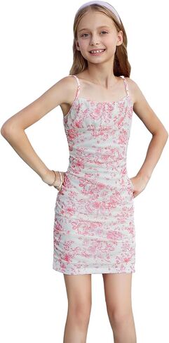 Floerns Girl's Floral Print Spaghetti Strap Bodycon Dress Mesh Ruched Cami Mini Dress in Kuwait