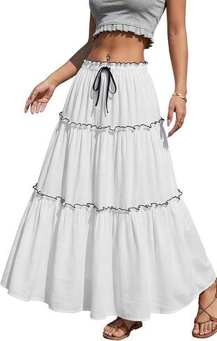 KIFOVEN Women's Tiered Ruffle Flowy Elastic Waist Double Layer A Line Casual Long Skirts in Kuwait