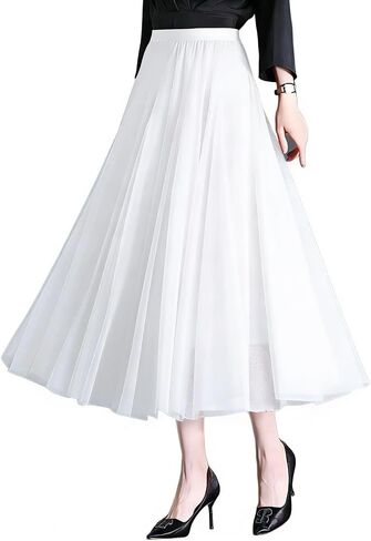 Womens Tulle Midi/Long Skirt Elastic High Waist A-Line Flowy Mesh Tutu Skirt 3-Layer Large Hem Maxi Skirt for Wedding Daily in Saudi Arabia