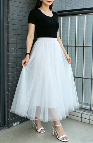 Womens Tulle Midi/Long Skirt Elastic High Waist A-Line Flowy Mesh Tutu Skirt 3-Layer Large Hem Maxi Skirt for Wedding Daily in Saudi Arabia
