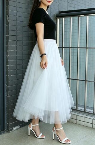 Womens Tulle Midi/Long Skirt Elastic High Waist A-Line Flowy Mesh Tutu Skirt 3-Layer Large Hem Maxi Skirt for Wedding Daily in Saudi Arabia
