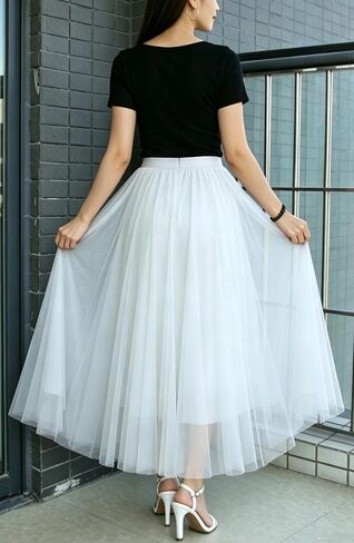 Womens Tulle Midi/Long Skirt Elastic High Waist A-Line Flowy Mesh Tutu Skirt 3-Layer Large Hem Maxi Skirt for Wedding Daily in Saudi Arabia