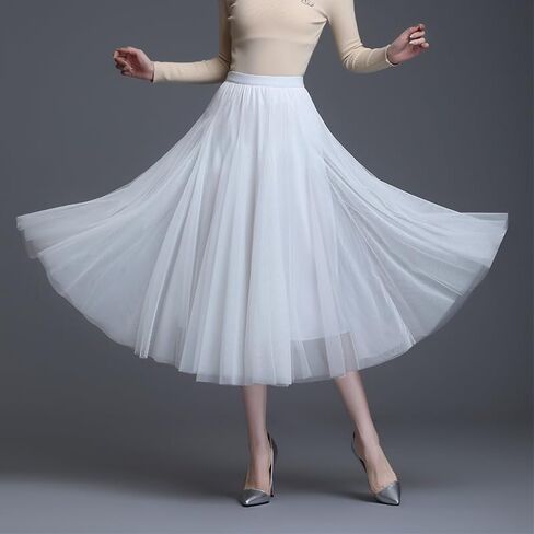 Womens Tulle Midi/Long Skirt Elastic High Waist A-Line Flowy Mesh Tutu Skirt 3-Layer Large Hem Maxi Skirt for Wedding Daily in Saudi Arabia