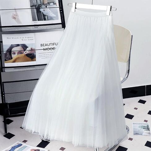 Womens Tulle Midi/Long Skirt Elastic High Waist A-Line Flowy Mesh Tutu Skirt 3-Layer Large Hem Maxi Skirt for Wedding Daily in Saudi Arabia