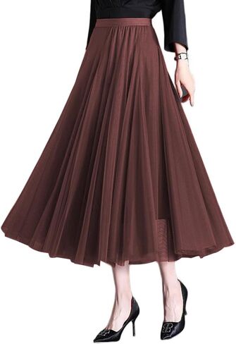 Womens Tulle Midi/Long Skirt Elastic High Waist A-Line Flowy Mesh Tutu Skirt 3-Layer Large Hem Maxi Skirt for Wedding Daily in Saudi Arabia