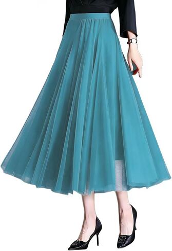 Womens Tulle Midi/Long Skirt Elastic High Waist A-Line Flowy Mesh Tutu Skirt 3-Layer Large Hem Maxi Skirt for Wedding Daily in Saudi Arabia