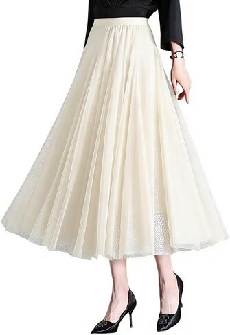 Womens Tulle Midi/Long Skirt Elastic High Waist A-Line Flowy Mesh Tutu Skirt 3-Layer Large Hem Maxi Skirt for Wedding Daily in Saudi Arabia