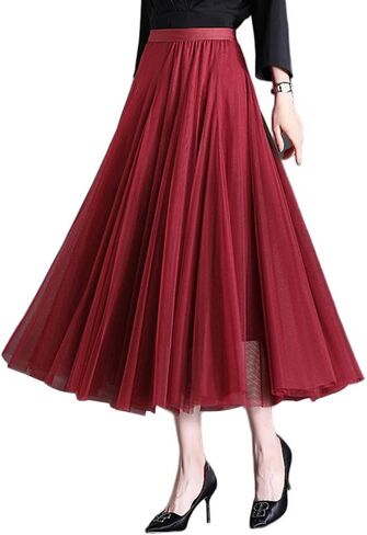 Womens Tulle Midi/Long Skirt Elastic High Waist A-Line Flowy Mesh Tutu Skirt 3-Layer Large Hem Maxi Skirt for Wedding Daily in Saudi Arabia