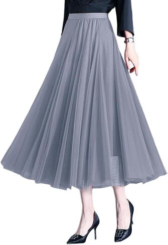 Womens Tulle Midi/Long Skirt Elastic High Waist A-Line Flowy Mesh Tutu Skirt 3-Layer Large Hem Maxi Skirt for Wedding Daily in Saudi Arabia