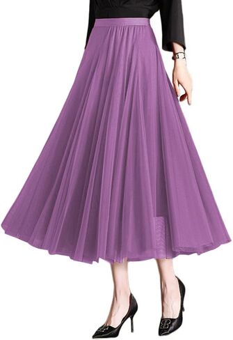 Womens Tulle Midi/Long Skirt Elastic High Waist A-Line Flowy Mesh Tutu Skirt 3-Layer Large Hem Maxi Skirt for Wedding Daily in Saudi Arabia