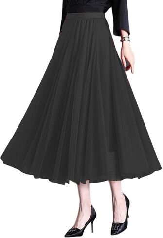 Womens Tulle Midi/Long Skirt Elastic High Waist A-Line Flowy Mesh Tutu Skirt 3-Layer Large Hem Maxi Skirt for Wedding Daily in Saudi Arabia