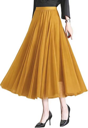 Womens Tulle Midi/Long Skirt Elastic High Waist A-Line Flowy Mesh Tutu Skirt 3-Layer Large Hem Maxi Skirt for Wedding Daily in Saudi Arabia