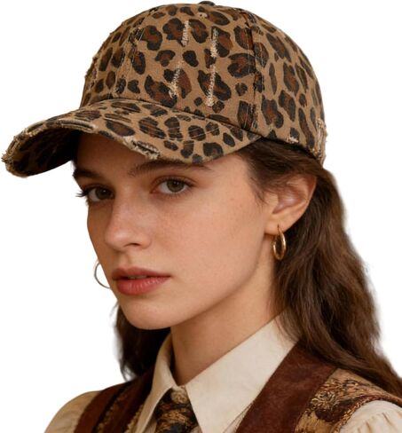IZUS Distressed Baseball Hats for Women Men Leopard Pattern Trucker Hat Cotton-Scratch-Brim Hip Hop Caps Fashion Dad Cap in Kuwait