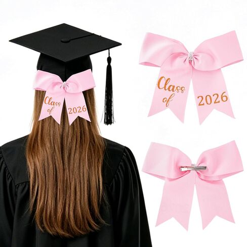 Romart Pink Graduation Cap Bow 2026 for Girls, Class of 2026 Hair Bow Cap Accessory, Glitter Look Grad Headband Decoration for Middle School High School College Commencement in Saudi Arabia
