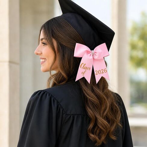 Romart Pink Graduation Cap Bow 2026 for Girls, Class of 2026 Hair Bow Cap Accessory, Glitter Look Grad Headband Decoration for Middle School High School College Commencement in Saudi Arabia