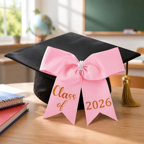 Romart Pink Graduation Cap Bow 2026 for Girls, Class of 2026 Hair Bow Cap Accessory, Glitter Look Grad Headband Decoration for Middle School High School College Commencement in Saudi Arabia