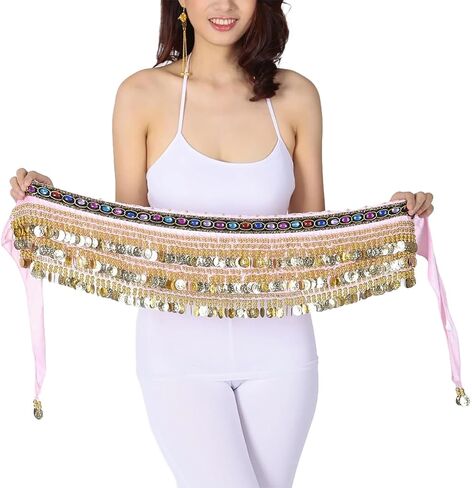 Belly Dance Hip Scarf, Black Chiffon with Coins and Beads, Adjustable Waist Wrap for Dance Practice Performance in Saudi Arabia