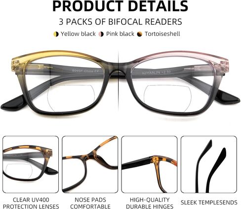 HIYANJN Bifocal Reading Glasses for Women,3 Pack Clear Top Readers with Spring Hinges, Stylish Gradient Small Cat Eye Frame in Saudi Arabia