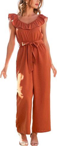 CUPSHE Women's Jumpsuit, Summer V Neck Ruffle Waist Tie Straight Leg One Piece with Pockets for Casual Daily Outfits in Kuwait