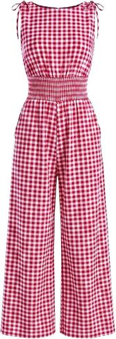 Women's Gingham Sleeveless Jumpsuit Smocked Waist Wide Leg Culotte Romper Tie Shoulder Summer One Piece Outfit in Saudi Arabia