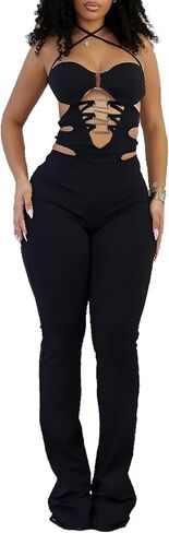 Sexy Romper for Women Sleeveless Hollow out Halter Jumpsuit Party Club Black Clothes in Saudi Arabia