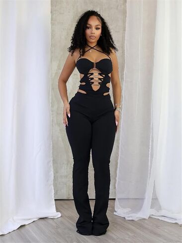 Sexy Romper for Women Sleeveless Hollow out Halter Jumpsuit Party Club Black Clothes in Saudi Arabia