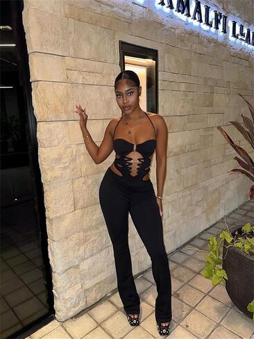 Sexy Romper for Women Sleeveless Hollow out Halter Jumpsuit Party Club Black Clothes in Saudi Arabia