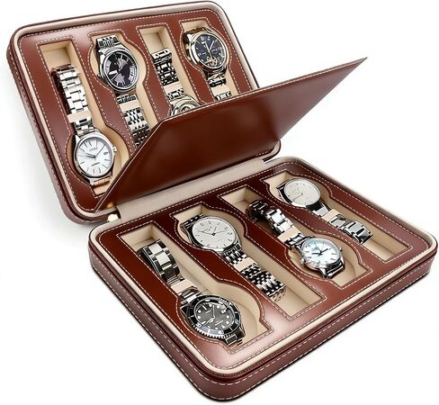 8 Slot Watch Box Faux Leather Storage Valet Premium Watch Storage Display Case for Men (Brown) in Saudi Arabia