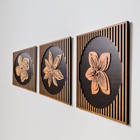 NEODECO Floral Garden Wood Wall art, 3D flower wood sculpture, set of 3, birch plywood wood decor (Birch - Black, small, Unframed) in Saudi Arabia