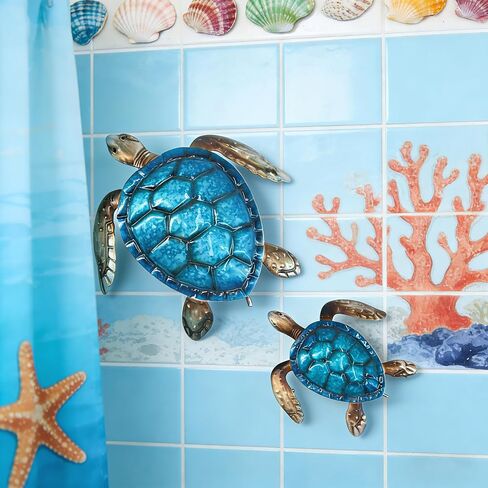 Set of 2 Metal Sea Turtle Wall Decor - Hand-Painted 3D Ocean Art, Rust-Resistant Coastal Wall Art for Beach Room Decor, Bathroom,Pool, Patio, Garden - Perfect Beach Wall Art & Sea Turtle Bathroom Decor in Saudi Arabia