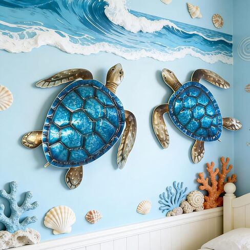 Set of 2 Metal Sea Turtle Wall Decor - Hand-Painted 3D Ocean Art, Rust-Resistant Coastal Wall Art for Beach Room Decor, Bathroom,Pool, Patio, Garden - Perfect Beach Wall Art & Sea Turtle Bathroom Decor in Saudi Arabia