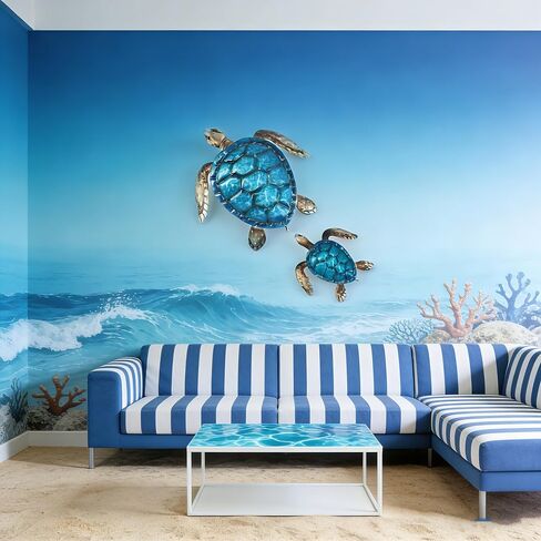 Set of 2 Metal Sea Turtle Wall Decor - Hand-Painted 3D Ocean Art, Rust-Resistant Coastal Wall Art for Beach Room Decor, Bathroom,Pool, Patio, Garden - Perfect Beach Wall Art & Sea Turtle Bathroom Decor in Saudi Arabia
