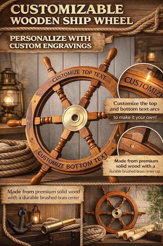 Personalized Nautical Wooden Ship Wheel, Custom Size (12 – 36 Inch), Handcrafted Captain Steering Wheel with Brass Center, Pirate's Boat Wheels, Wall Hanging Ship Wheel for Home, Office & Marine Décor in Saudi Arabia