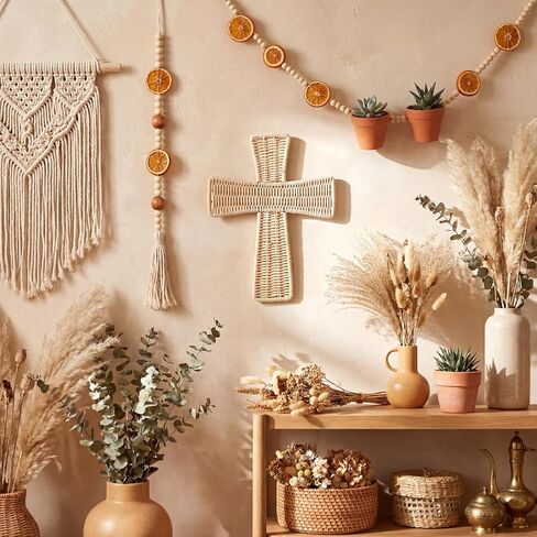 Leinuosen Boho Wicker Cross Wall Decor 12 بوصة اليدوية الروطان الصليب البوهيمي شنقا زخرفة ريفي الطبيعية المنسوجة الفن لغرفة المعيشة غرفة نوم مدخل الكنيسة عيد الفصح الديكور الديني هدية المسيحية in Kuwait