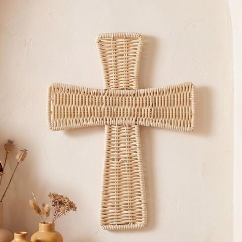 Leinuosen Boho Wicker Cross Wall Decor 12 بوصة اليدوية الروطان الصليب البوهيمي شنقا زخرفة ريفي الطبيعية المنسوجة الفن لغرفة المعيشة غرفة نوم مدخل الكنيسة عيد الفصح الديكور الديني هدية المسيحية in Kuwait