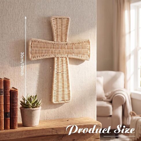 Leinuosen Boho Wicker Cross Wall Decor 12 بوصة اليدوية الروطان الصليب البوهيمي شنقا زخرفة ريفي الطبيعية المنسوجة الفن لغرفة المعيشة غرفة نوم مدخل الكنيسة عيد الفصح الديكور الديني هدية المسيحية in Kuwait