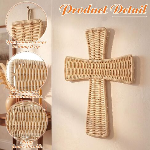 Leinuosen Boho Wicker Cross Wall Decor 12 بوصة اليدوية الروطان الصليب البوهيمي شنقا زخرفة ريفي الطبيعية المنسوجة الفن لغرفة المعيشة غرفة نوم مدخل الكنيسة عيد الفصح الديكور الديني هدية المسيحية in Kuwait