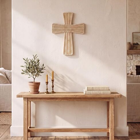 Leinuosen Boho Wicker Cross Wall Decor 12 بوصة اليدوية الروطان الصليب البوهيمي شنقا زخرفة ريفي الطبيعية المنسوجة الفن لغرفة المعيشة غرفة نوم مدخل الكنيسة عيد الفصح الديكور الديني هدية المسيحية in Kuwait