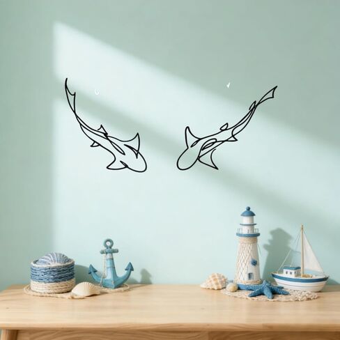 JBCHUCI Metal Fish Wall Art Nautical Decor Set of 2, Abstract Line Iron Shark Wall Sculptures for Coastal Living Room, Bathroom, Bedroom - Ocean Themed Home Decor Housewarming Gift in Saudi Arabia